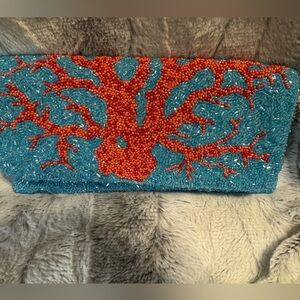 Moyna - Turquoise Blue Orange/Coral Reef Beaded Fold Over Clutch w/Dust Bag EUC